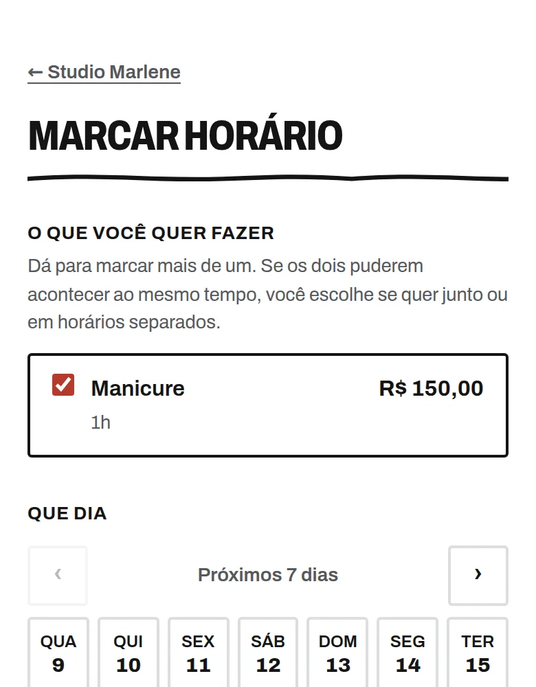 Tela de agendamento do ACHEI num celular, com o serviço escolhido, o preço, a duração e a fileira de dias da semana.