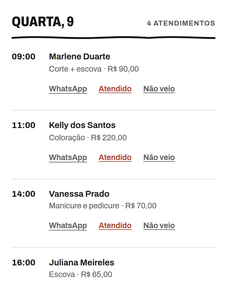 Tela Hoje do ACHEI num celular, listando quatro atendimentos do dia com horário, nome do cliente, serviço e preço.