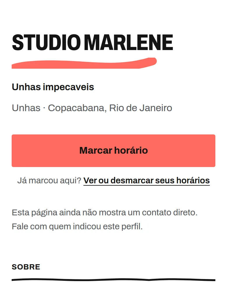 Página pública de um estúdio de unhas no ACHEI, com tabela de serviços, preços, duração e avaliações.